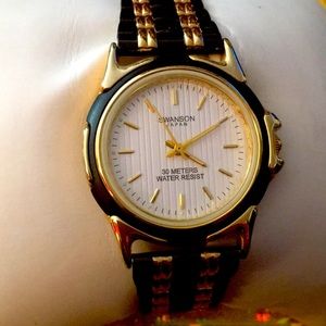 Ladies black and gold casual Swanson Quartz watch